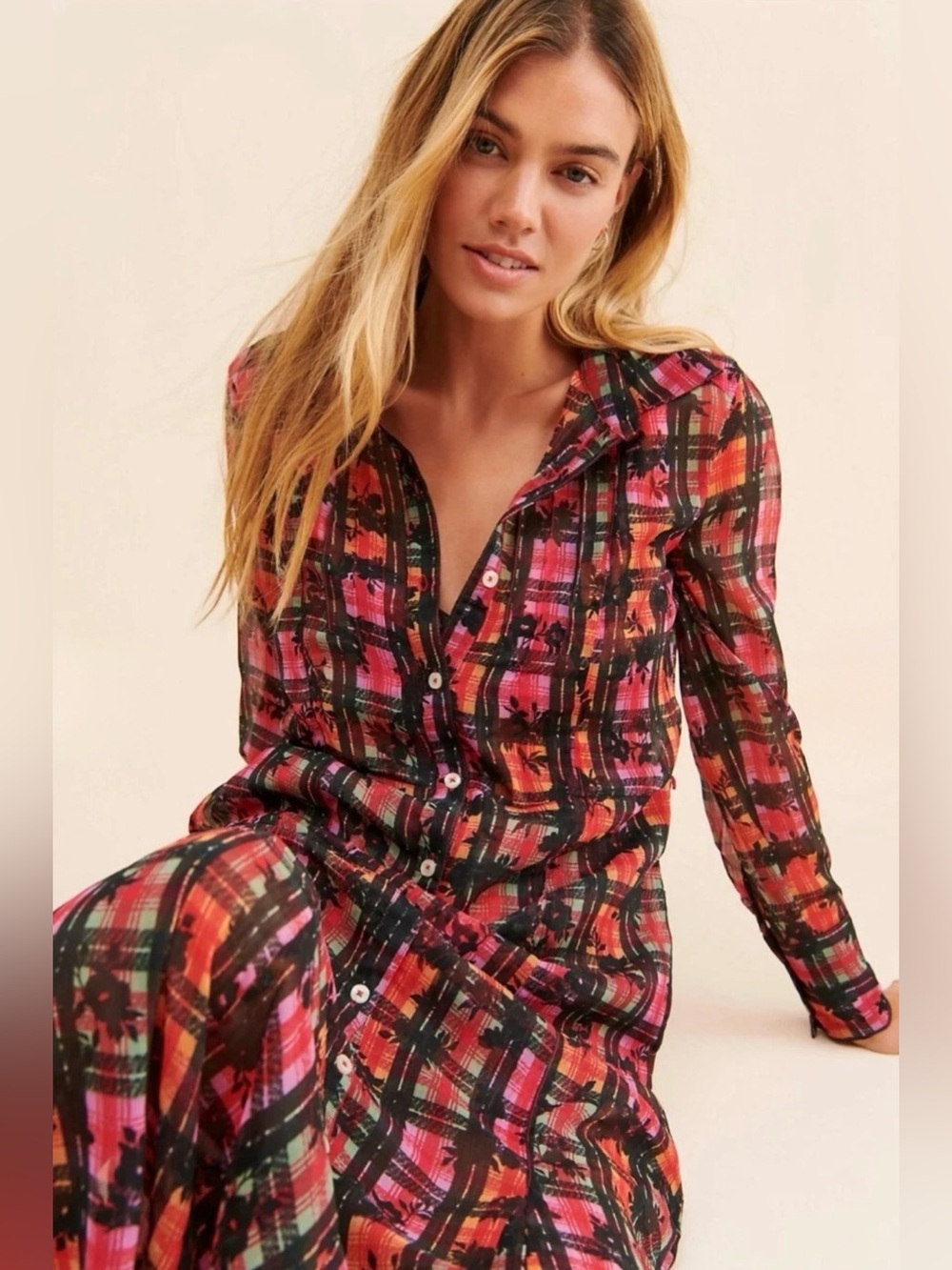 Free People Jerra Plaid Floral Maxi Shirt Dress Sheer Black Pink Orange XS Boho - Picture 2 of 9